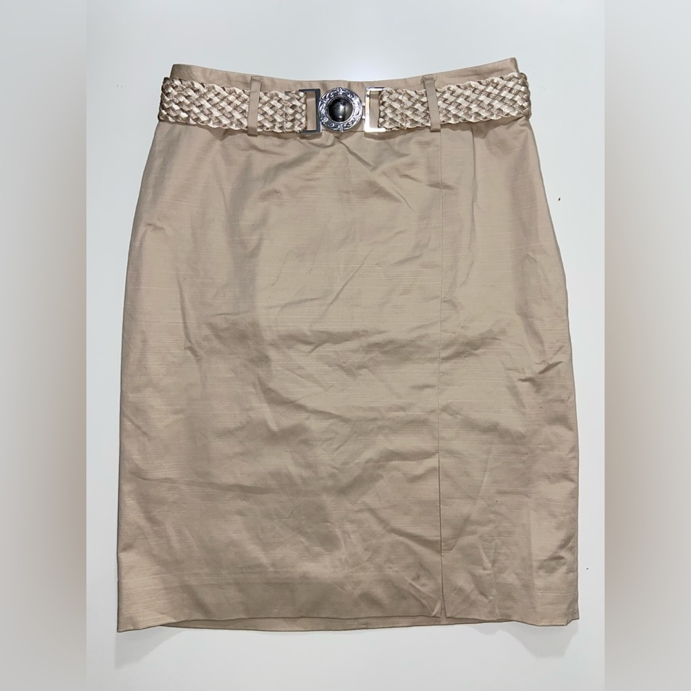 White House Black Market Women Lined Skirt with Belt ￼size 4 Beige Cotton New
